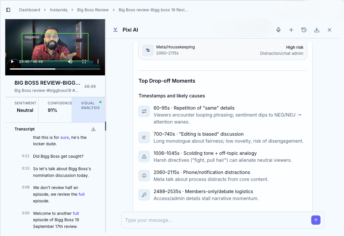 Pixi identifying top drop off moments in a long form review