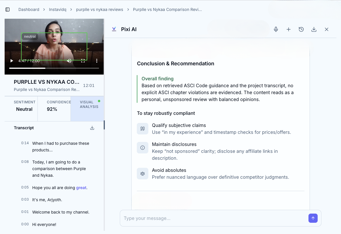 Pixi running ASCI compliance check on a product comparison video